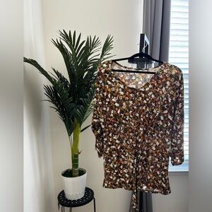 Cato Floral Tie  Blouse - Brown Multi